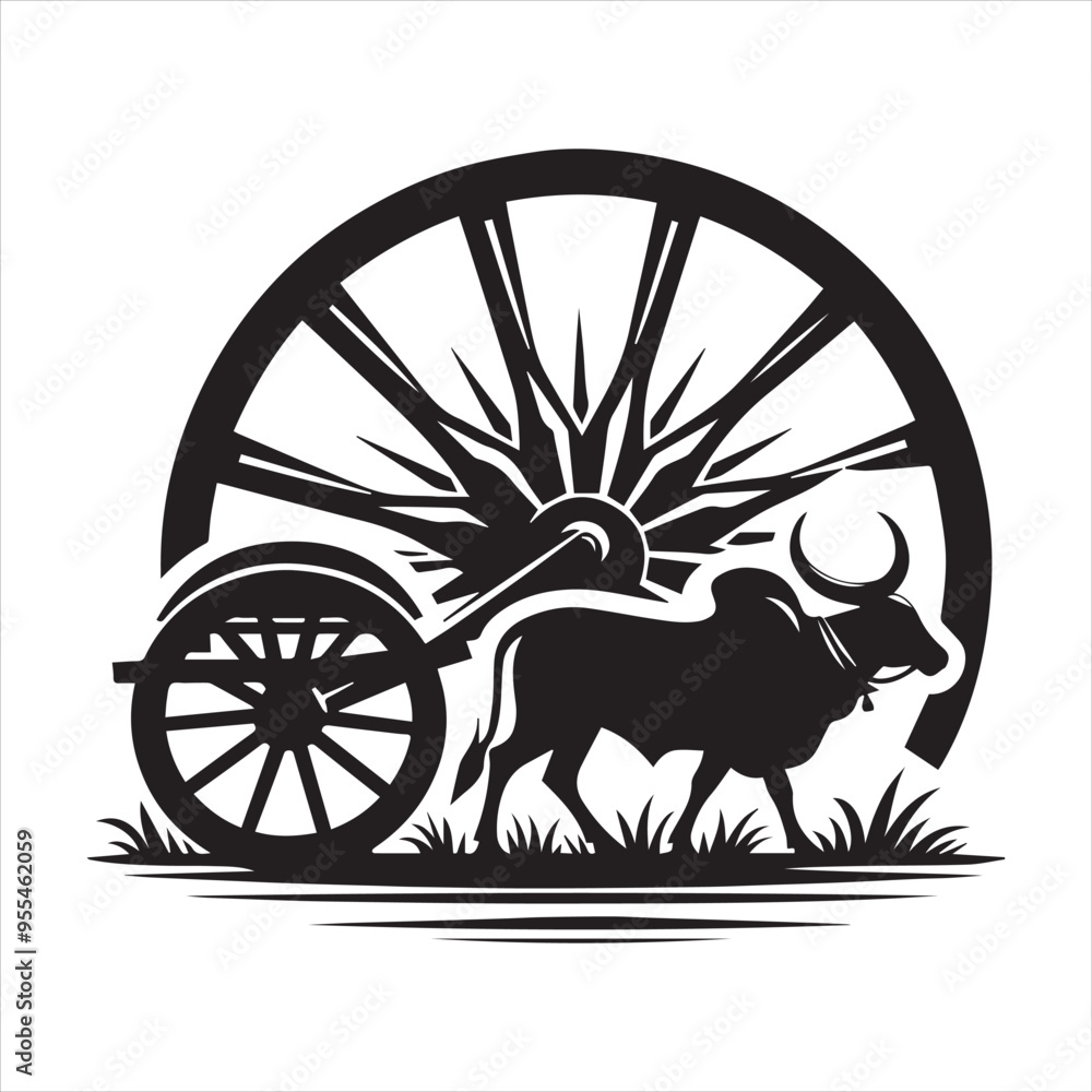 Fototapeta premium bullock cart wheel silhouette vector With White Background 