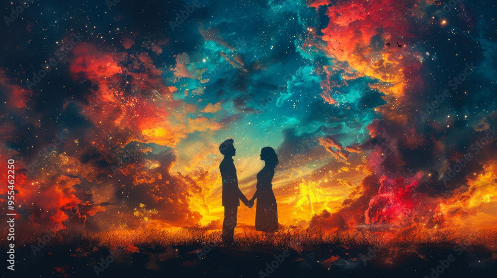 Romantic Sunset Silhouette of Couple Holding Hands Against Vibrant Colorful Sky, Cosmic Love, Dreamy Evening Scene, Emotional Connection, Lovers in Twilight, Fantasy Landscape Romantic Sunset Silhouette of Couple Holding Hands Against Vibrant Colorful Sky, Cosmic Love, Dreamy Evening Scene, Emotional Connection, Lovers in Twilight, Fantasy Landscape