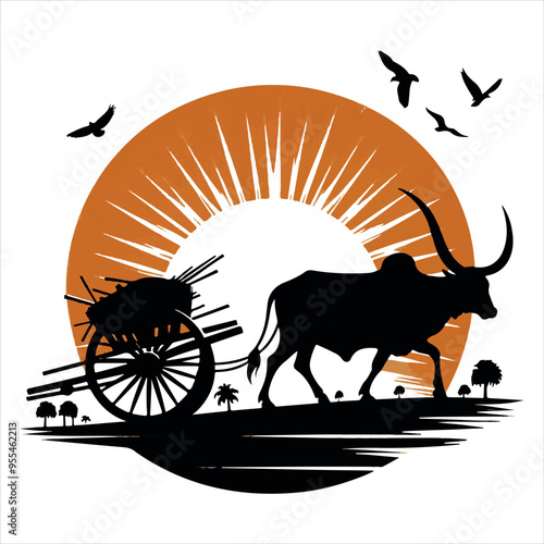 bullock cart wheel silhouette vector With White Background 