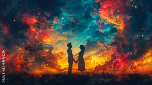 Romantic Sunset Silhouette of Couple Holding Hands Against Vibrant Colorful Sky, Cosmic Love, Dreamy Evening Scene, Emotional Connection, Lovers in Twilight, Fantasy Landscape