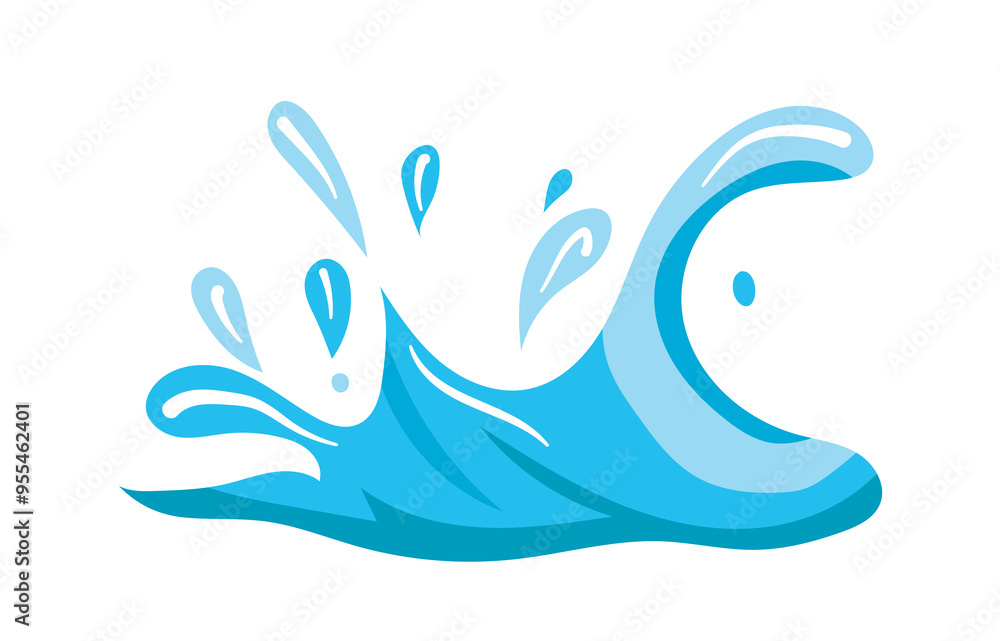 This flat vector illustration features a blue wave with splashes in a vibrant and dynamic style the ocean wave design includes clear blue water and splashing drops perfect for seaside themes This flat vector illustration features a blue wave with splashes in a vibrant and dynamic style the ocean wave design includes clear blue water and splashing drops perfect for seaside themes
