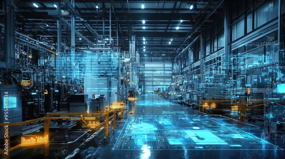 Smart Factory Operations: Industrial plant with data visualizations highlighting automation. Smart Factory Operations: Industrial plant with data visualizations highlighting automation.