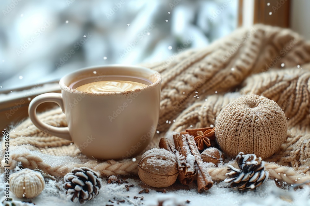 A cup of tea with spices and a knit scarf by a frosted window, creating a warm and cozy winter atmosphere with bokeh lights outside. A cup of tea with spices and a knit scarf by a frosted window, creating a warm and cozy winter atmosphere with bokeh lights outside.