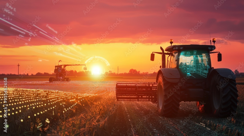 Smart Farming Technology: Tractor with HUD works a field at sunset, enhancing agricultural efficiency. Smart Farming Technology: Tractor with HUD works a field at sunset, enhancing agricultural efficiency.