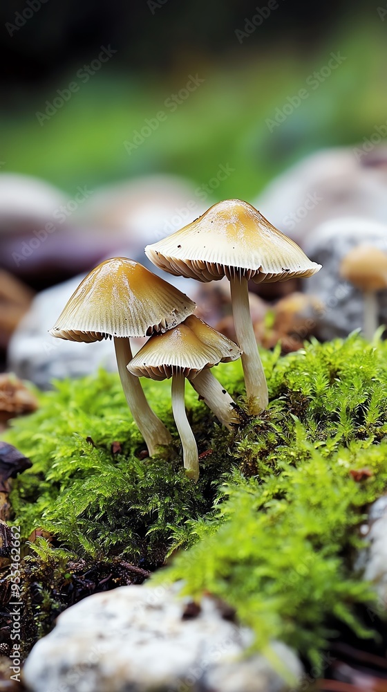 A serene close-up of mushrooms growing on moss among stones, showcasing nature's beauty and intricate details. A serene close-up of mushrooms growing on moss among stones, showcasing nature's beauty and intricate details.