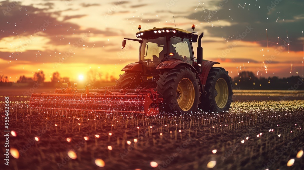 Smart Farming Technology: Tractor with HUD works a field at sunset, enhancing agricultural efficiency.