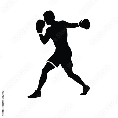 male boxing player pose vector silhouette, isolated white background