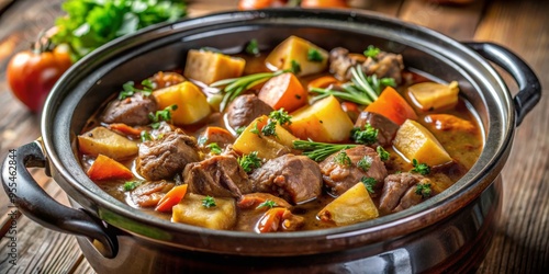 Close-Up of Hearty Beef Stew in a Rustic Pot, Rustic Kitchen Table, Beef, Potatoes, Carrots, Stew, Recipe