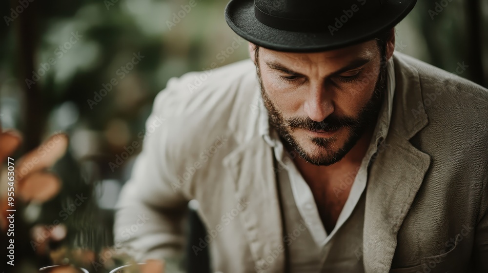 A man wearing a beige jacket and a hat, looks down with a thoughtful expression while sitting in a blurred, green background setting. His mood appears introspective. A man wearing a beige jacket and a hat, looks down with a thoughtful expression while sitting in a blurred, green background setting. His mood appears introspective.