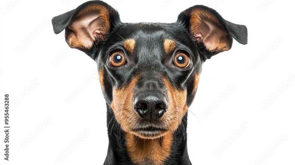 Surprised German Pinscher dog isolated on white. Surprised German Pinscher dog isolated on white.