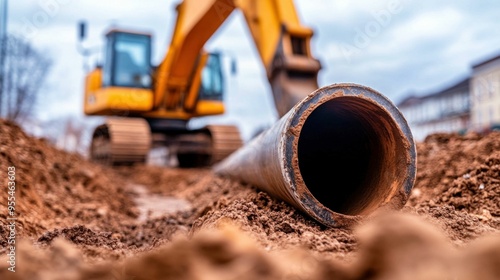 Large Pipe at Construction Site with Excavators