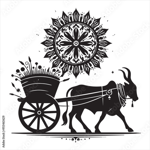 bullock cart wheel silhouette vector With White Background 