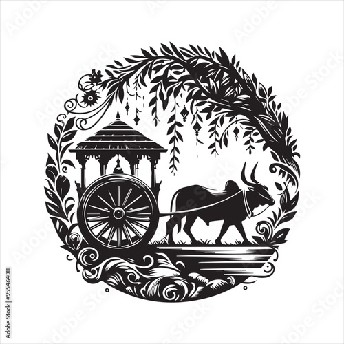 bullock cart wheel silhouette vector With White Background 