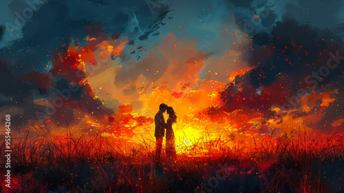 Couples Embracing on a Hill During Fiery Sunset, Digital Art, Romantic Evening Landscape, Loving Embrace, Colorful Skies, Passionate Moment Illustration