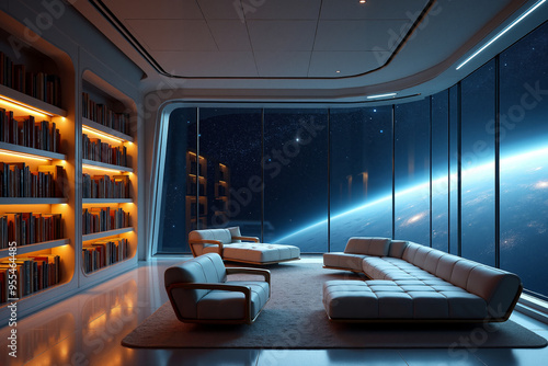 Fototapeta Naklejka Na Ścianę i Meble -  photo of concept swimming room inside spaceship and outer space in background, generative AI