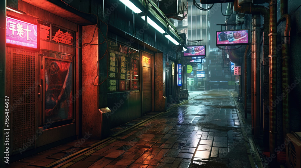 Naklejka premium Cyberpunk street with glowing neon ads in sci-fi city. Futuristic cyberpunk street in the neighborhood