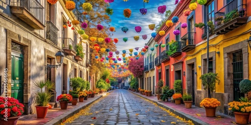 Colorful Street with Pompoms and Flowers, Mexico, Day of the Dead, Fiesta, Street Decor