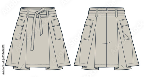 Pleated Skirt technical fashion illustration. Mini Skirt fashion flat technical drawing template, back zipper, side pockets, front and back view, beige, women CAD mockup.