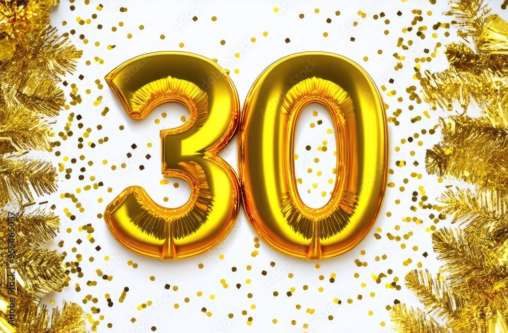 Fototapeta premium 3d number thirty made of balloons on festive background. birthday celebration, top view