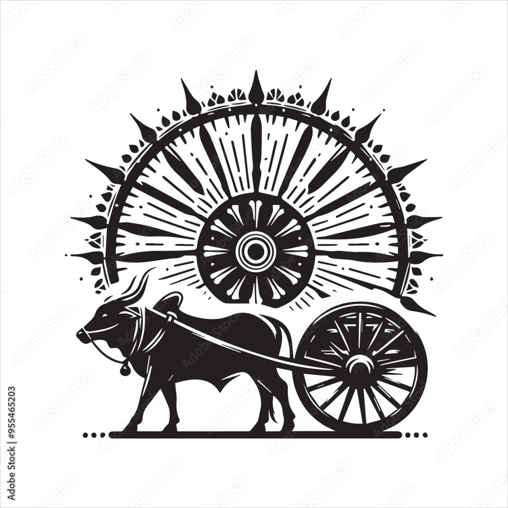 Fototapeta premium bullock cart wheel silhouette vector With White Background 