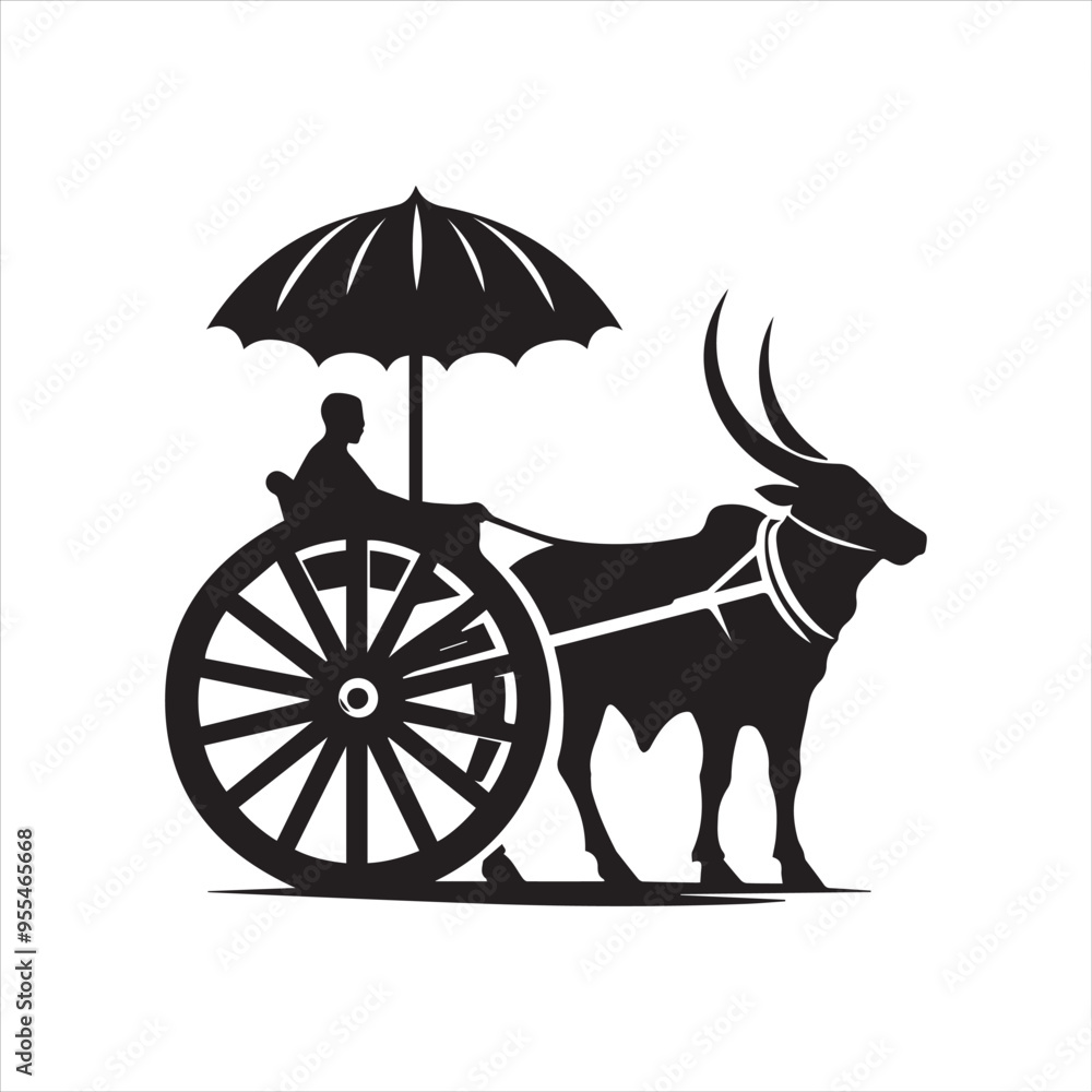 Fototapeta premium bullock cart wheel silhouette vector With White Background 