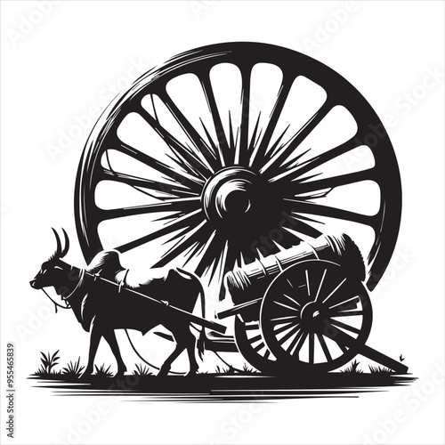 bullock cart wheel silhouette vector With White Background 