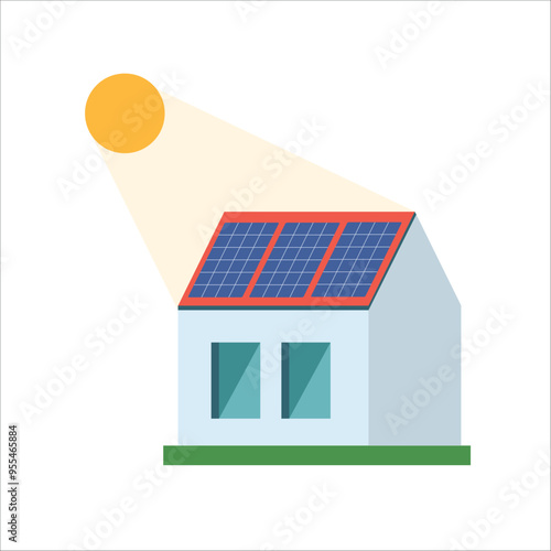 Solar panel on building, pv panel, photovoltaic panels, photovoltaic system, solar energy panel on house roof, vector illustration 