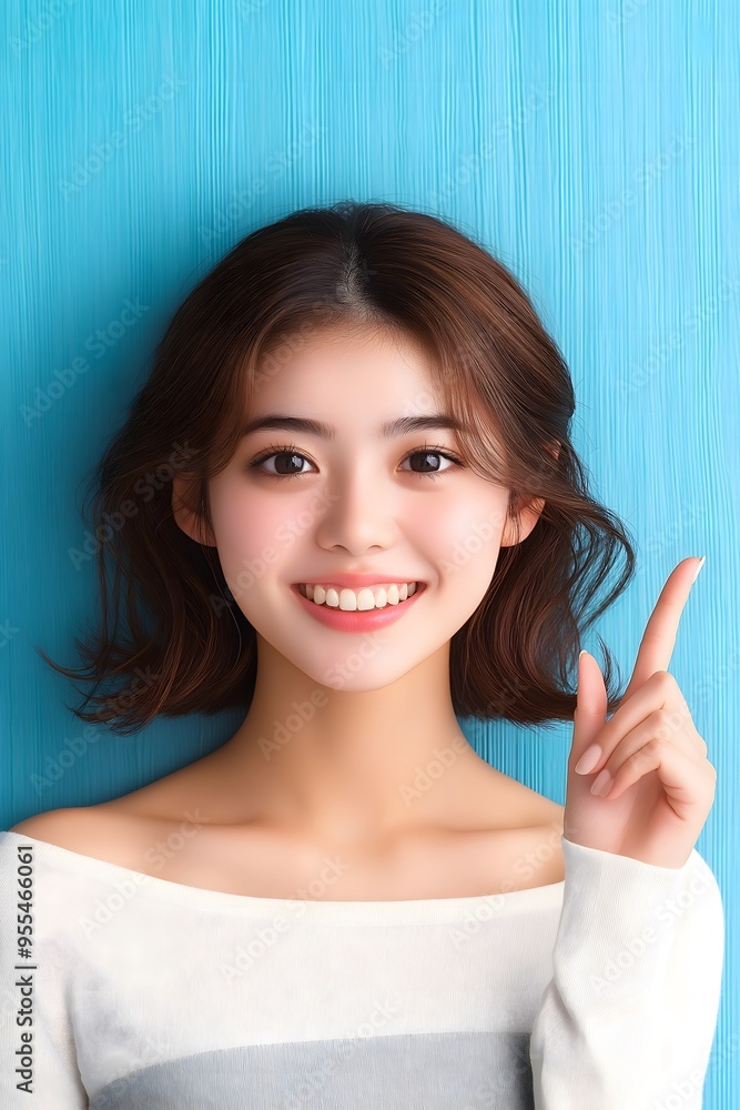 An Asian beauty model gesturing against an isolated background, perfect for a business or commercial wallpaper with blank space for writing.