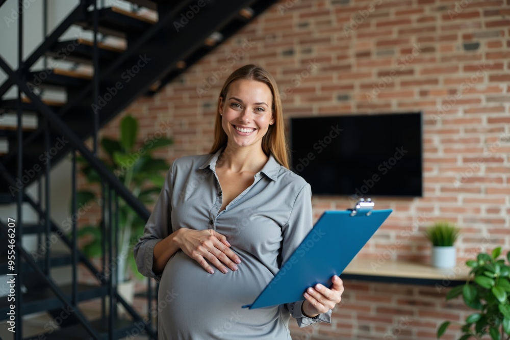 photo of happy pregnant woman working and holding folder document at her office, generative AI photo of happy pregnant woman working and holding folder document at her office, generative AI