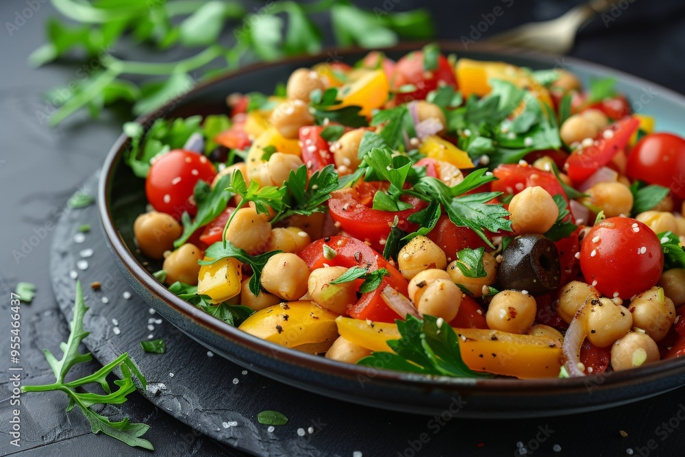 A vibrant and healthy chickpea salad with cherry tomatoes, bell peppers, parsley, olives, and arugula, seasoned with salt and pepper, representing a delicious vegetarian meal. A vibrant and healthy chickpea salad with cherry tomatoes, bell peppers, parsley, olives, and arugula, seasoned with salt and pepper, representing a delicious vegetarian meal.