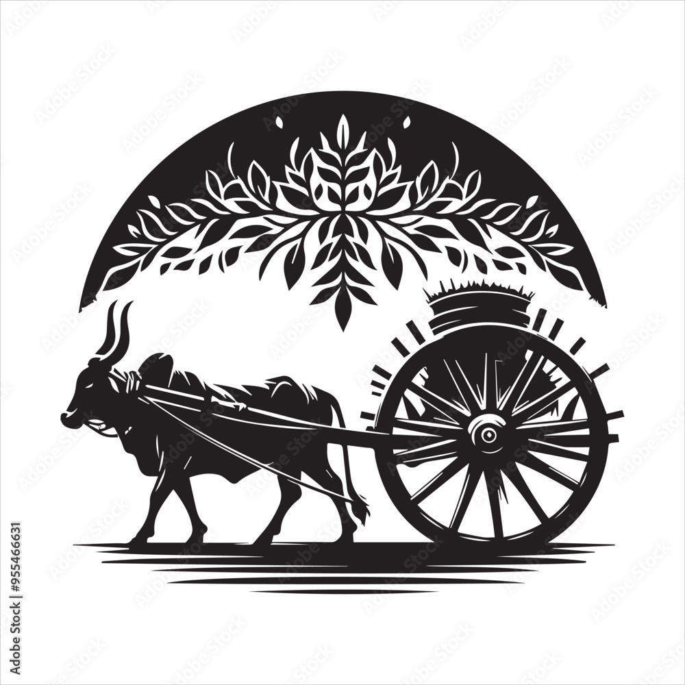 Fototapeta premium bullock cart wheel silhouette vector With White Background 