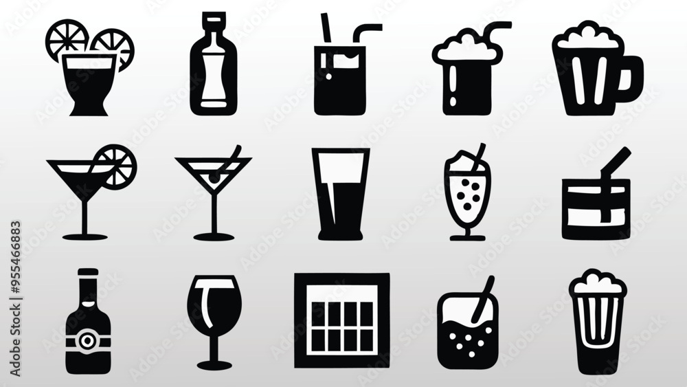 Set of beer and Alcoholic beverage black line icons classical drinks in different types Set of beer and Alcoholic beverage black line icons classical drinks in different types