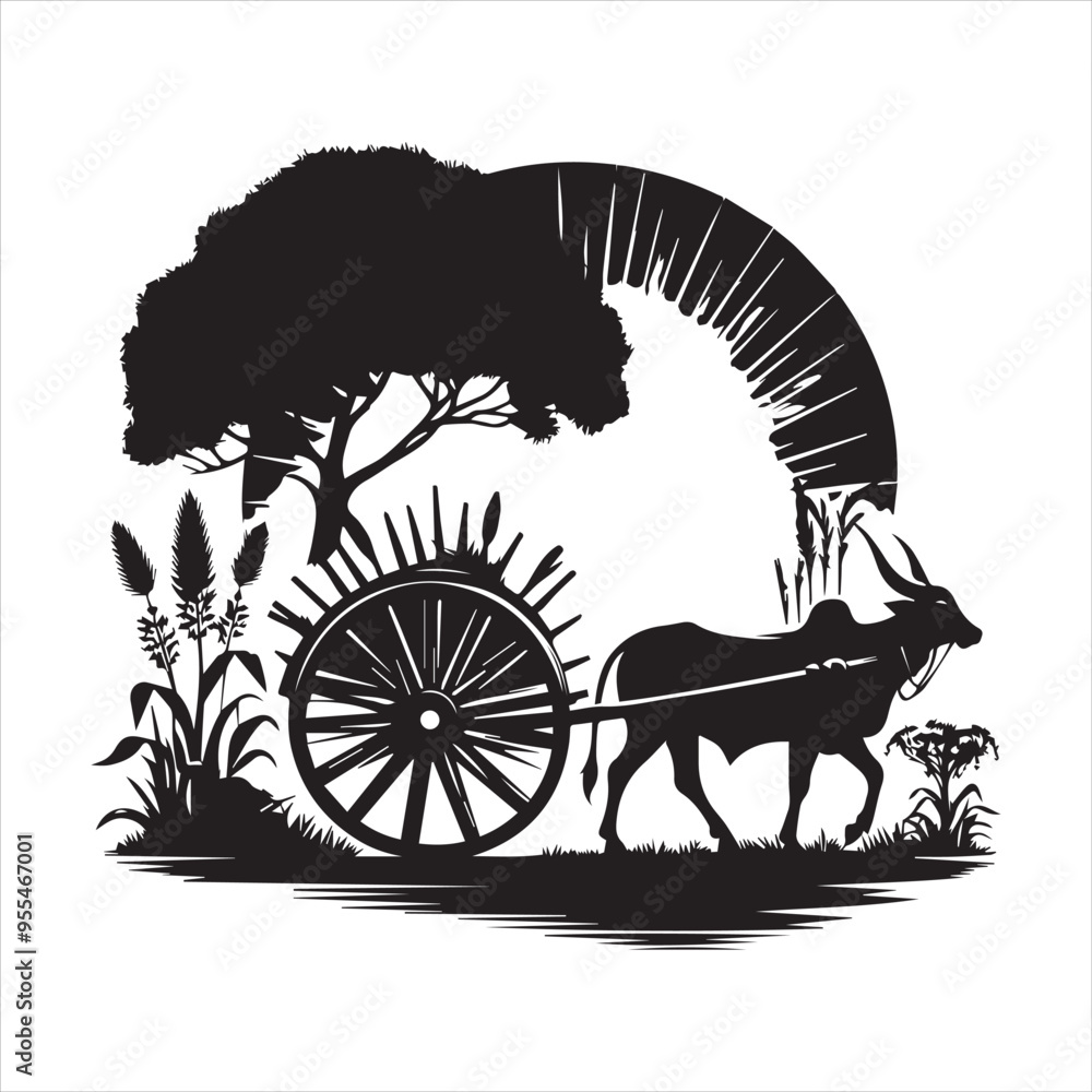 Fototapeta premium bullock cart wheel silhouette vector With White Background 