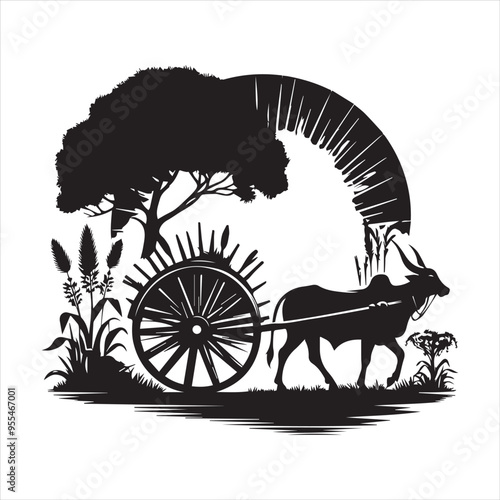 bullock cart wheel silhouette vector With White Background 