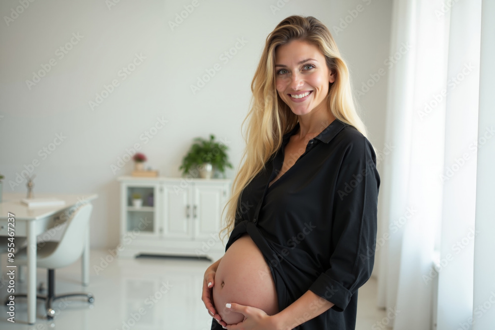 photo of happy pregnant woman standing and posing for picture at her room, generative AI photo of happy pregnant woman standing and posing for picture at her room, generative AI