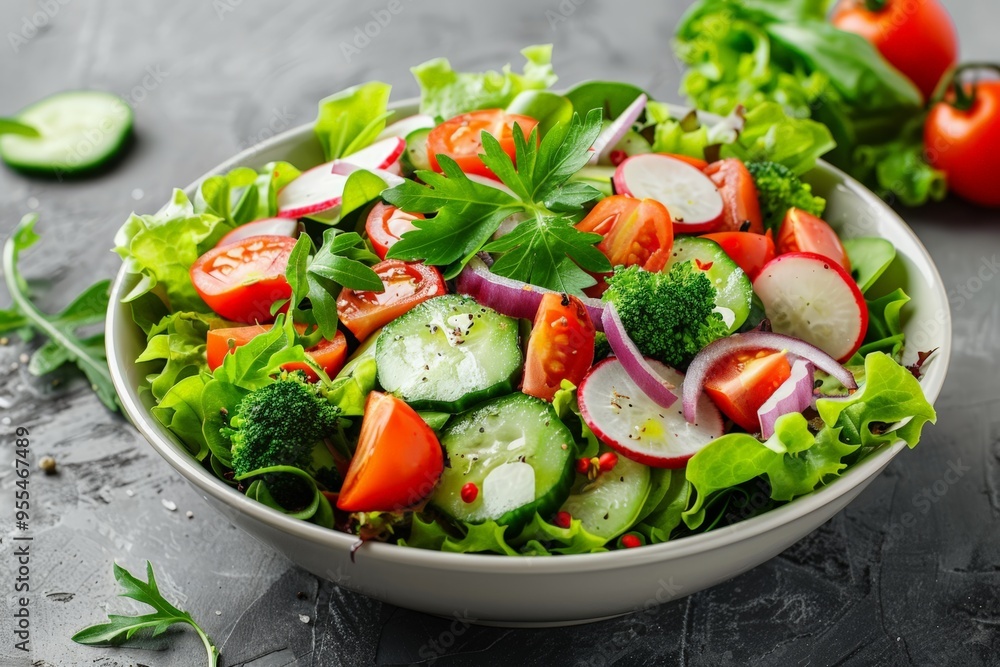A colorful and fresh vegetable salad with lettuce, cherry tomatoes, bell peppers, cucumbers, red onions, and mixed greens on a dark textured background. A colorful and fresh vegetable salad with lettuce, cherry tomatoes, bell peppers, cucumbers, red onions, and mixed greens on a dark textured background.