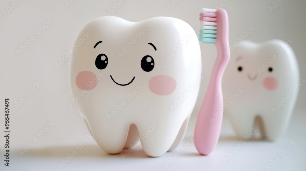 Adorable cartoon tooth character with rosy cheeks and a smile, with a pink toothbrush, on a soft gradient background. Concept of dental hygiene and care for kids Adorable cartoon tooth character with rosy cheeks and a smile, with a pink toothbrush, on a soft gradient background. Concept of dental hygiene and care for kids
