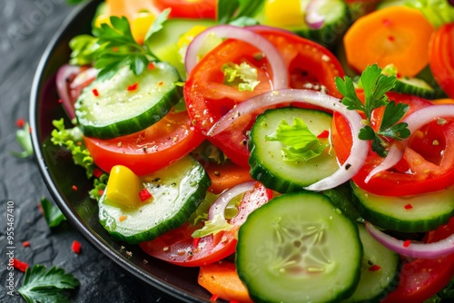 A colorful and fresh vegetable salad with lettuce, cherry tomatoes, bell peppers, cucumbers, red onions, and mixed greens on a dark textured background.