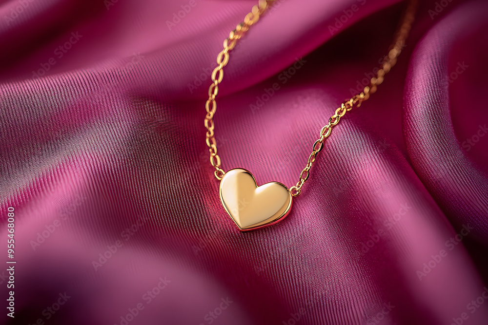 gold necklace with a gold heart-shaped pendant resting on a pinkish-red fabric is the perfect gift for love, anniversary or special occasions on Valentine's Day. gold necklace with a gold heart-shaped pendant resting on a pinkish-red fabric is the perfect gift for love, anniversary or special occasions on Valentine's Day.