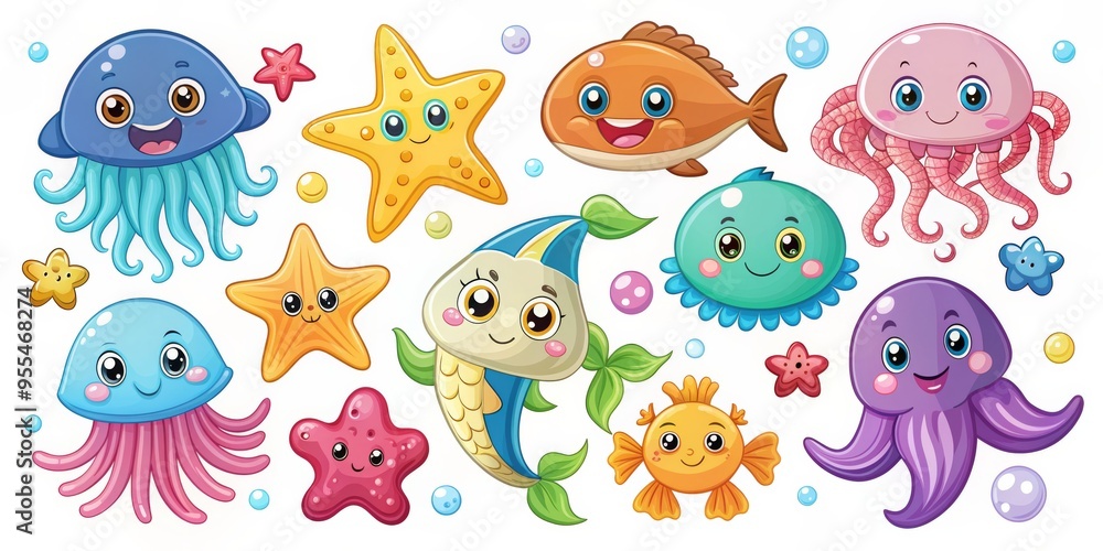Fototapeta premium Cute Cartoon Sea Creatures Jellyfish, Fish, Starfish, Octopus, Digital Illustration, Ocean Life, Sea Animals