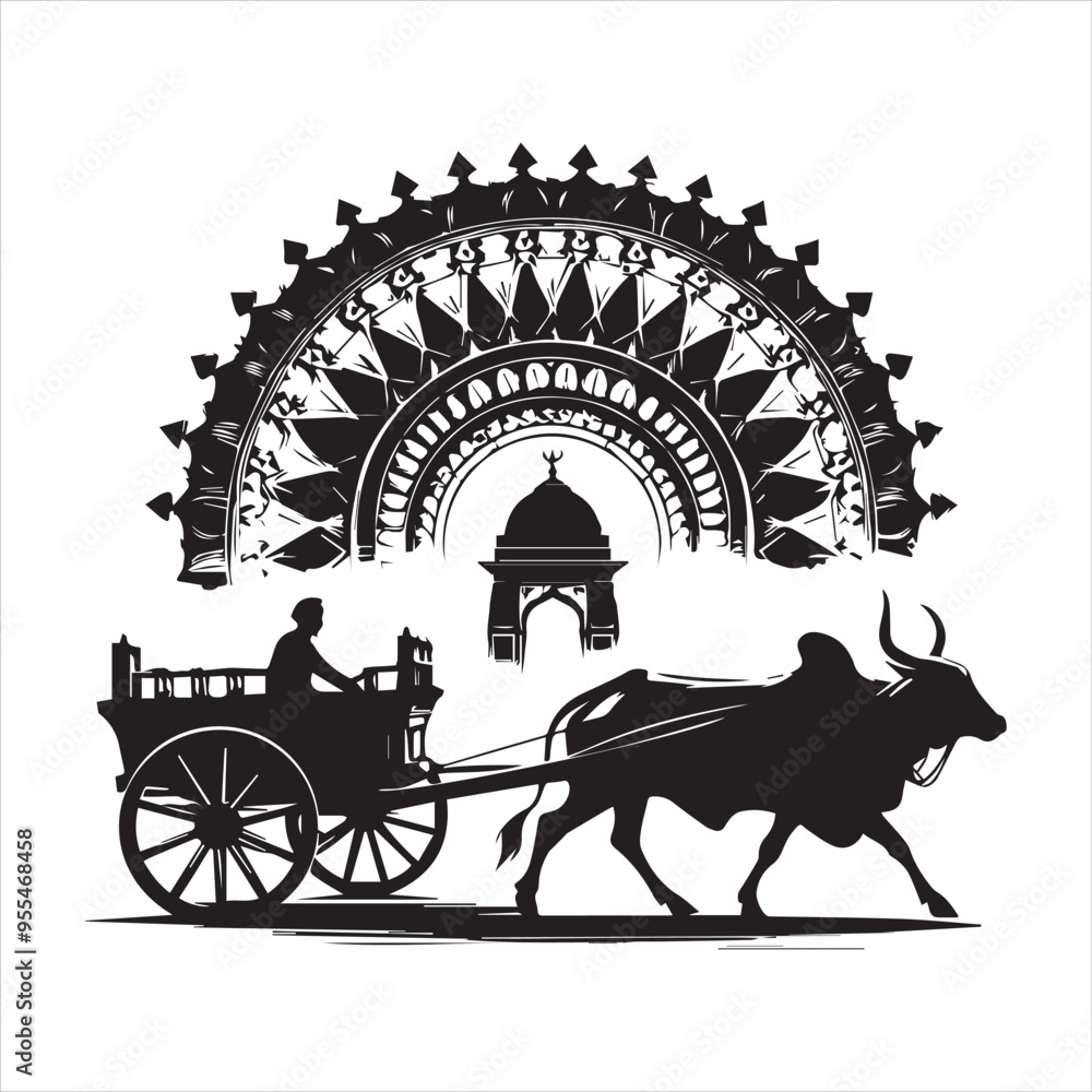 Fototapeta premium bullock cart wheel silhouette vector With White Background 