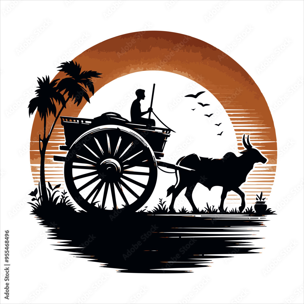 Fototapeta premium bullock cart wheel silhouette vector With White Background 