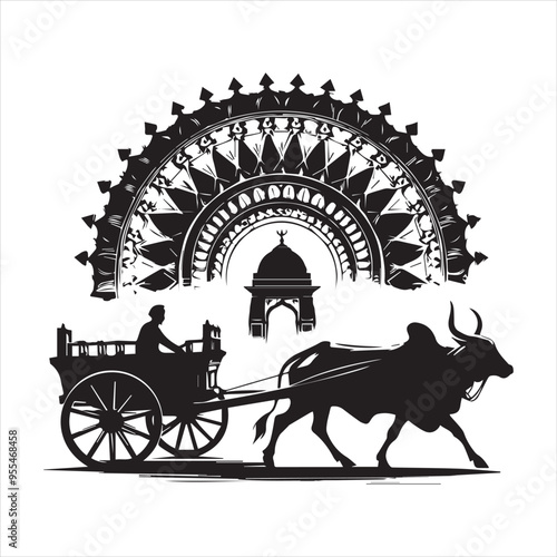 bullock cart wheel silhouette vector With White Background 