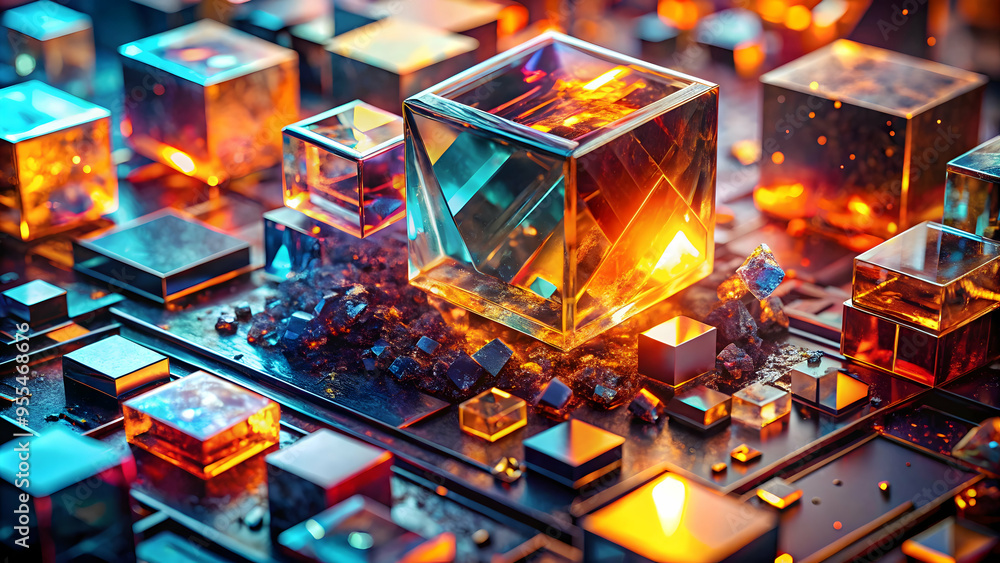 Crystalline Core: A luminous, fiery cube pulsates with energy amidst a network of shimmering, translucent blocks in an abstract digital art piece. Crystalline Core: A luminous, fiery cube pulsates with energy amidst a network of shimmering, translucent blocks in an abstract digital art piece.