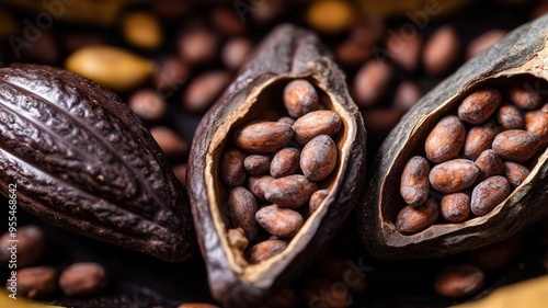 A closeup of raw cacao pods split open to reveal fresh cocoa beans, highlighting the origins of dark chocolate