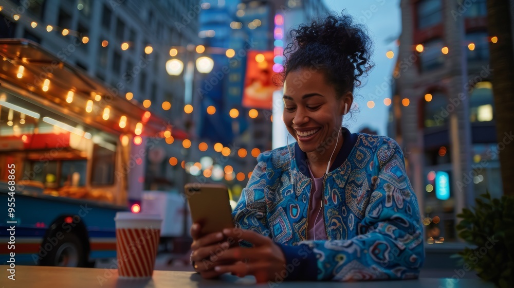 Joyful, stylish woman using her phone with earphones while enjoying music at an outdoor café in the nighttime. Shes either streaming a subscription service or on a video call Joyful, stylish woman using her phone with earphones while enjoying music at an outdoor café in the nighttime. Shes either streaming a subscription service or on a video call