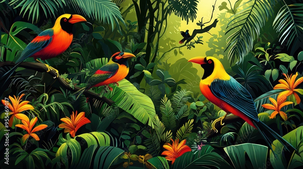 Tropical Jungle Illustration: Vibrant scene of exotic birds in a lush setting.