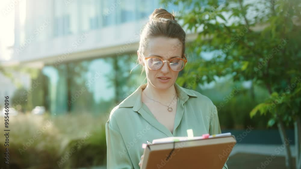 pensive modern middle aged business woman in business district in green blouse and eyeglasses with documents and folder. pensive modern middle aged business woman in business district in green blouse and eyeglasses with documents and folder.