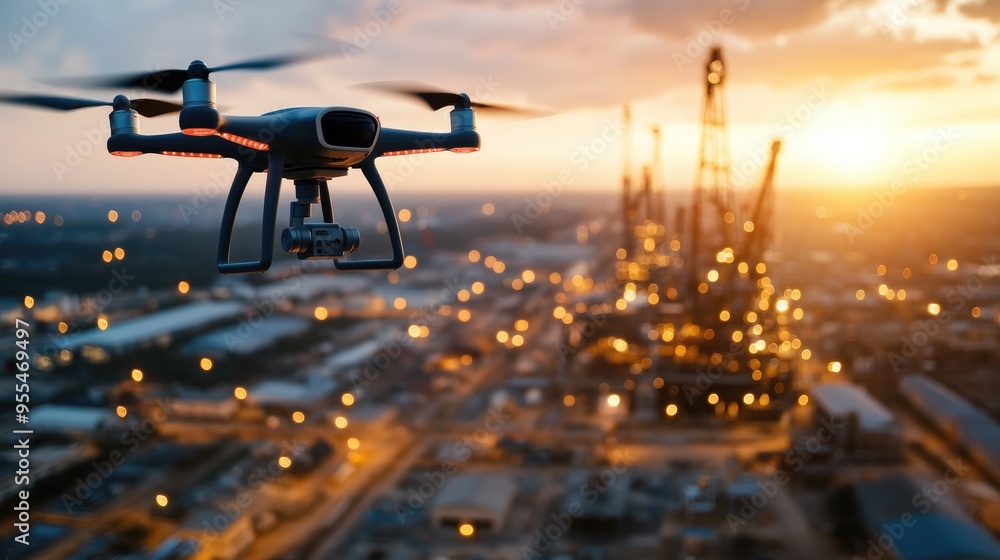 Aerial view of a smart oil field, with automated drilling rigs and drones surveying the area, all monitored by a central control center Aerial view of a smart oil field, with automated drilling rigs and drones surveying the area, all monitored by a central control center