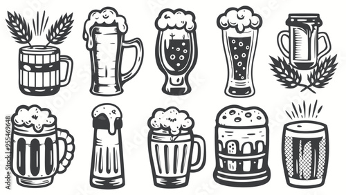 Set of  Lager beer glass alcoholic beverages vector celebration,Various types of beer glasses